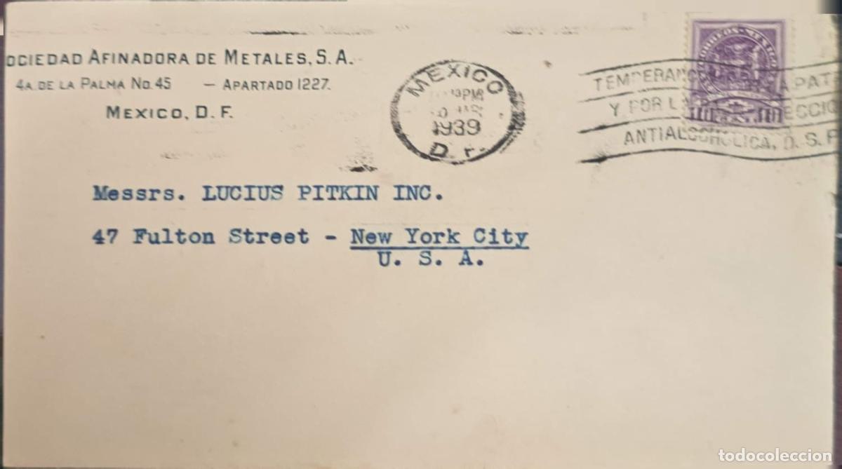 Selos: CMI) 1939. MEXICO. COAT OF ARMS IN PURPLE TONE. COVER SENT TO USA. XF