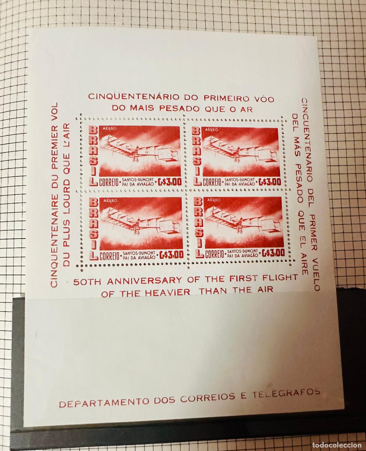 Sellos: CMI) 1956. BRAZIL. CINQUENTEN&Aacute;RIO DO PRIMEIRO V&Ocirc;O DO MAIS PESADO QUE O AR SOUVENIR SHEET WITH A SQUA
