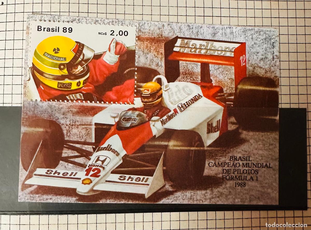 Selos: CMI) 1989. BRAZIL. AYRTON SENNA HELMETED PORTRAIT OVER MARLBORO-HONDA RACING SINGLE-SEATER CAR FEATU