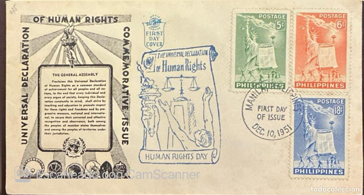 Sellos: CMI) 1951. PHILIPPINES. STATUE OF LIBERTY HOLDING A HUMAN RIGHTS DECLARATION DOCUMENT IN GREEN, RED,