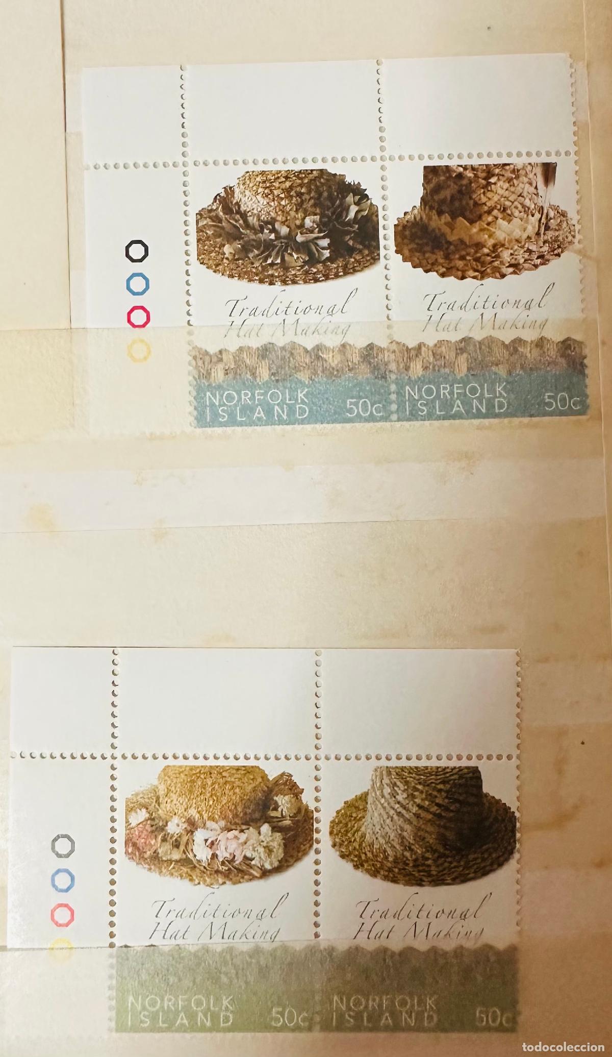 Sellos: CMI) V.A. NORFOLK ISLAND. TWO ISSUES COMPENDIUM IN BLOCKS OF TWO STAMPS FROM TRADITIONAL HAT MAKING