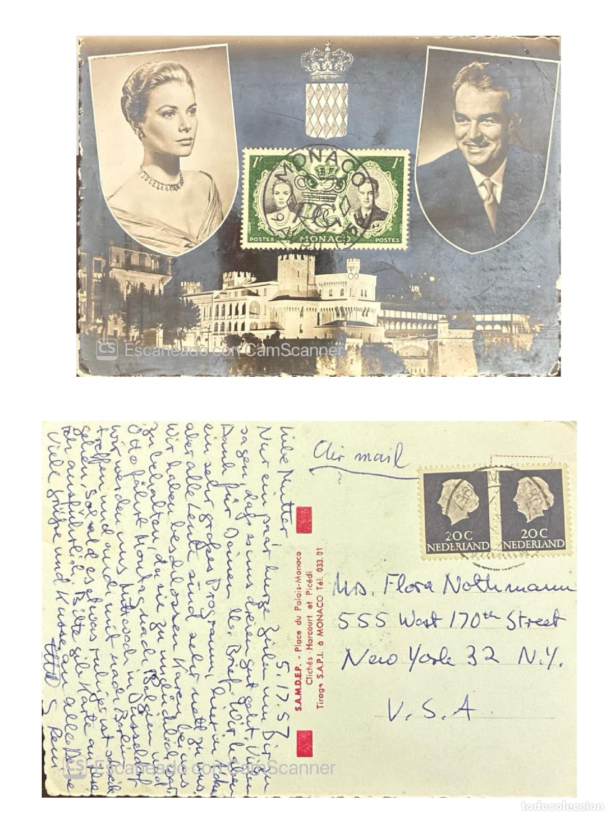 Sellos: CMI) 1956-1957. MONACO. GRACE KELLY AND RAINIER III PORTRAITS WITH INTERNAL CASTLE. POSTCARD SENT TO
