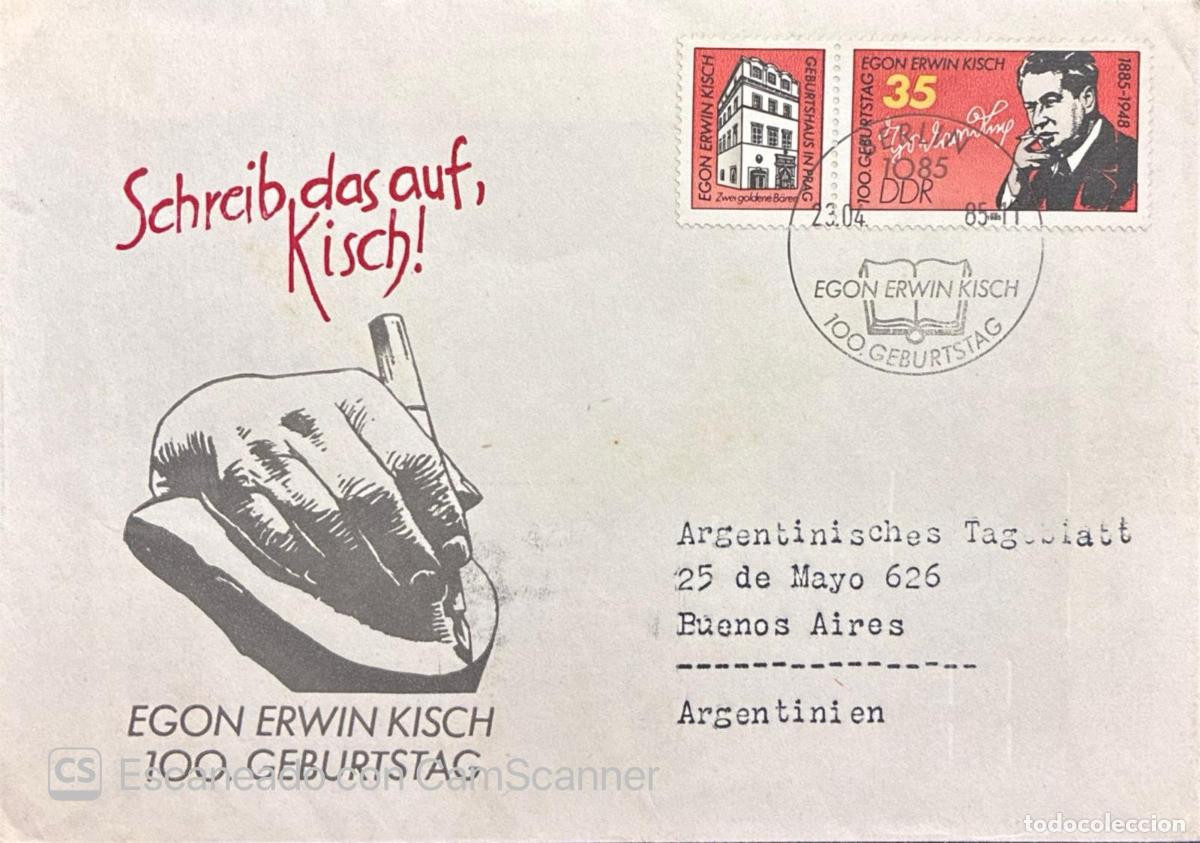 Sellos: CMI) 1985. GERMANY. BUILDING FACHADE AND GLASSES PORTRAIT ON EGON ERWIN KISCH CENTENARY. COVER SENT