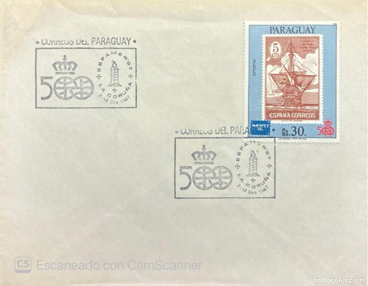 Sellos: CMI) 1987. PARAGUAY. LA CORU&Ntilde;A TOWER COMPOSITION AND HISTORICAL SAILBOAT ILLUSTRATION IN ESPA&Ntilde;A CORR