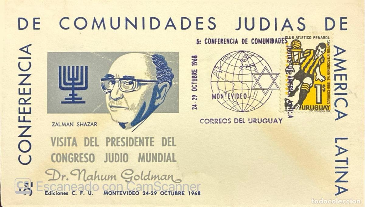 Sellos: CMI) 1968. URUGUAY. ZALMAN SHAZAR GLASSES PORTRAIT AND CLUB ATL&Eacute;TICO PE&Ntilde;AROL SOCCER PLAYER IN MOTION