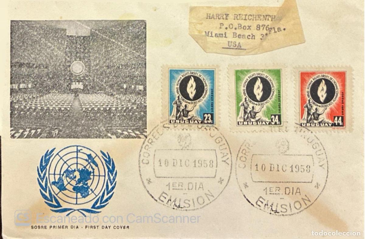 Sellos: CMI) 1958. URUGUAY. HUMAN RIGHTS FLAME STAMPS COMPOSITION AND UN LOGO FEATURING A WORLD GLOBE. FDC.