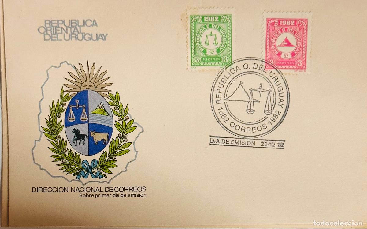 Stamps: CMI) 1982. URUGUAY. TWO-STAMP COMPENDIUM FEATURING SCALES OF JUSTICE FROM 1882 CORREOS 1982 ISSUE IN