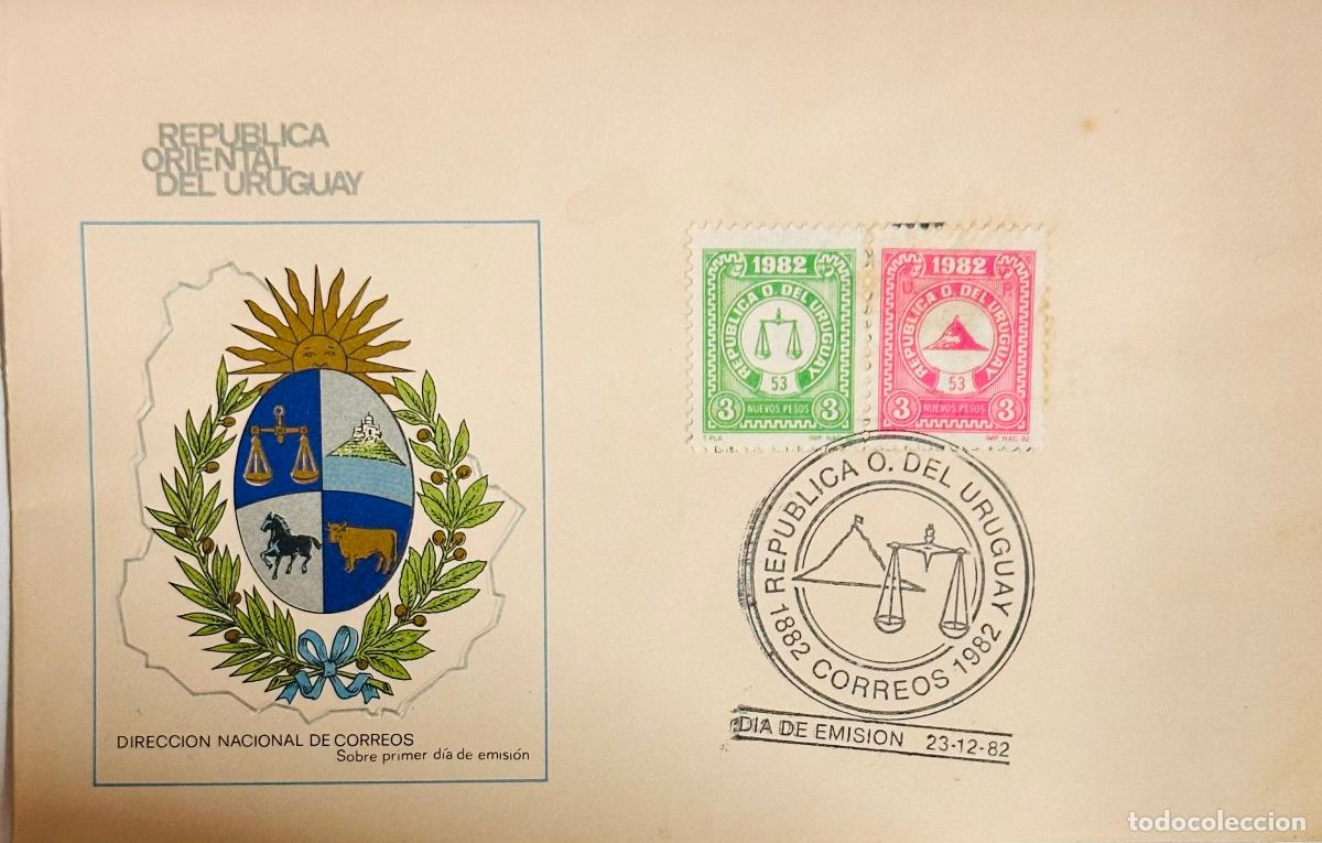Stamps: CMI) 1982. URUGUAY. TWO-STAMP COMPENDIUM FEATURING SCALES OF JUSTICE FROM 1882 CORREOS 1982 ISSUE IN
