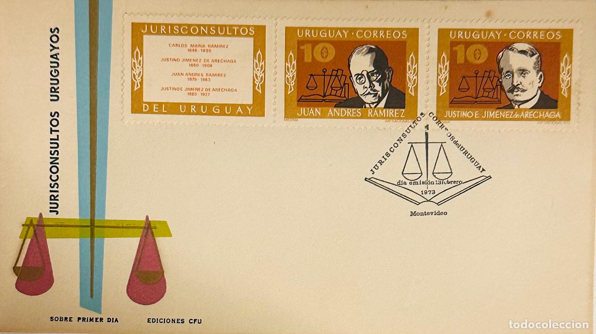Francobolli: CMI) 1973. URUGUAY. TWO-STAMP COMPENDIUM FEATURING SCALES OF JUSTICE AND PORTRAITS FROM JURISCONSULT
