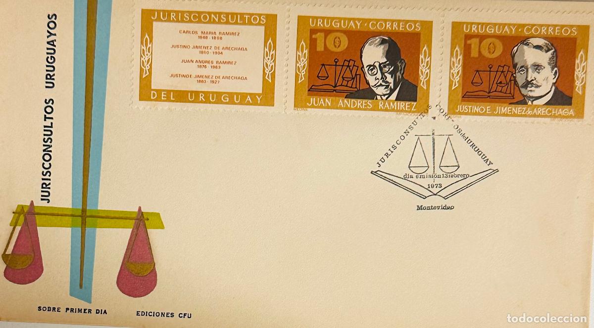 Francobolli: CMI) 1973. URUGUAY. TWO-STAMP COMPENDIUM FEATURING SCALES OF JUSTICE AND PORTRAITS FROM JURISCONSULT