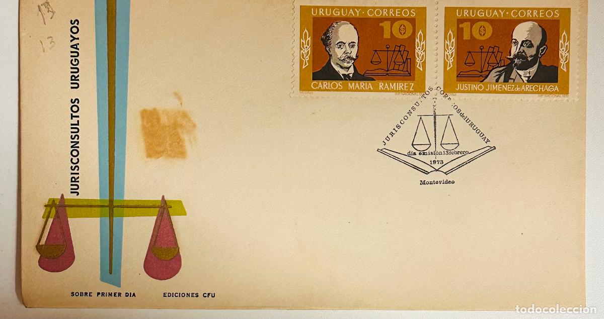 Francobolli: CMI) 1973. URUGUAY. TWO-STAMP COMPENDIUM FEATURING SCALES OF JUSTICE AND PORTRAITS FROM JURISCONSULT