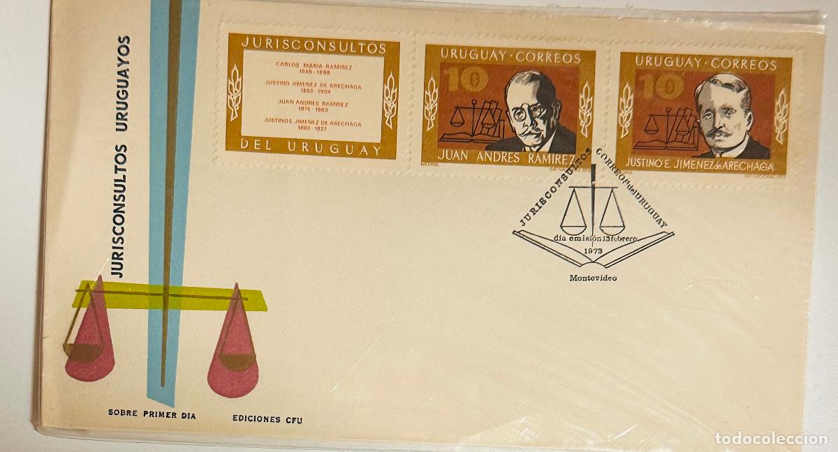 Sellos: CMI) 1973. URUGUAY. THREE-STAMP COMPENDIUM FEATURING SCALES OF JUSTICE AND PORTRAITS FROM JURISCONSU