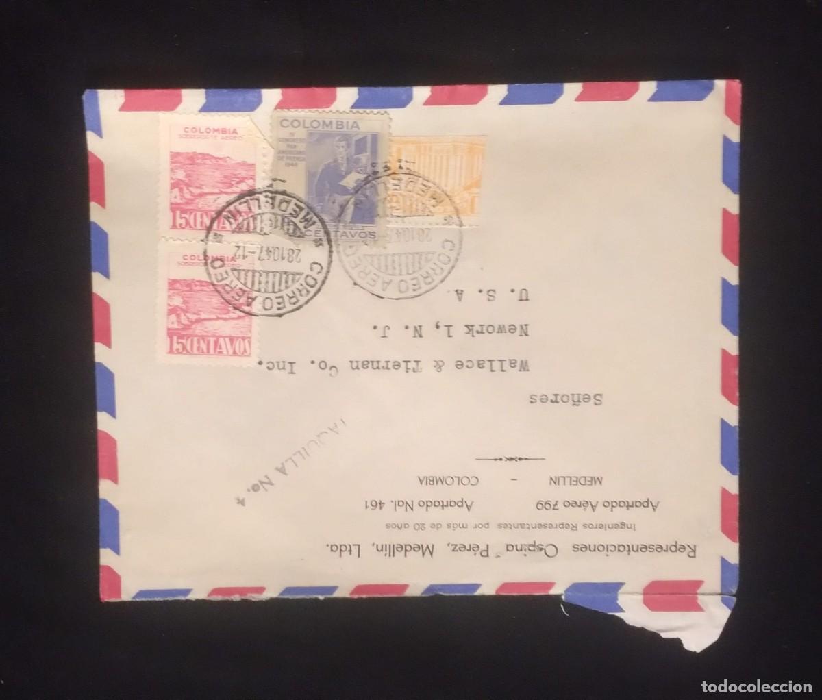 Sellos: TS) 1947 COLOMBIA, COVER SENT FROM MEDELL&Iacute;N TO NEW JERSEY, USA, AIRMAIL, COMMEMORATIVE ISSUE WITH TH