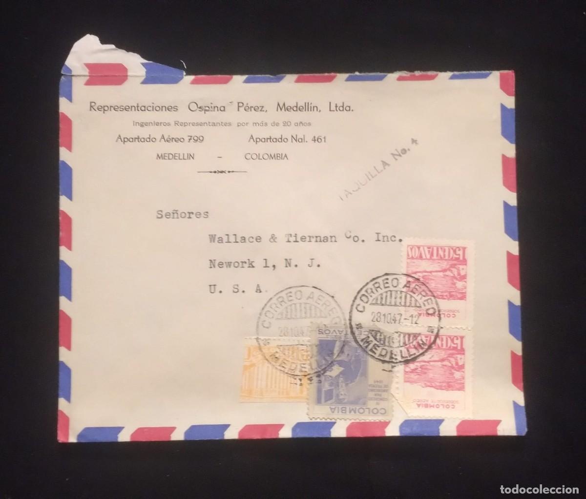 Sellos: TS) 1947 COLOMBIA, COVER SENT FROM MEDELL&Iacute;N TO NEW JERSEY, USA, AIRMAIL, COMMEMORATIVE ISSUE WITH TH