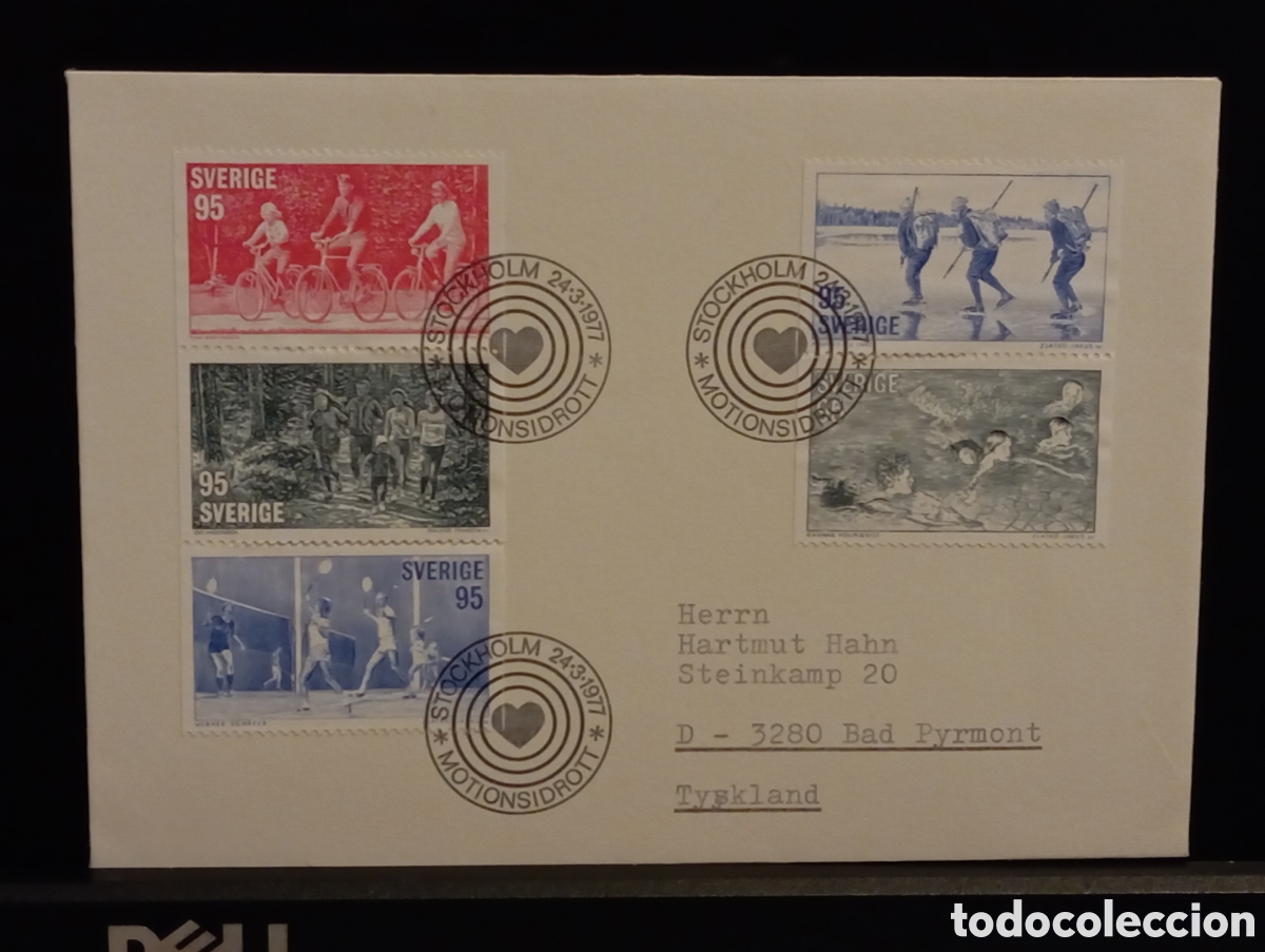 Sellos: &rdquo;Suecia 1977 FDC Motionsidrott, serie completa 6 sellos, a Alemania&rdquo;