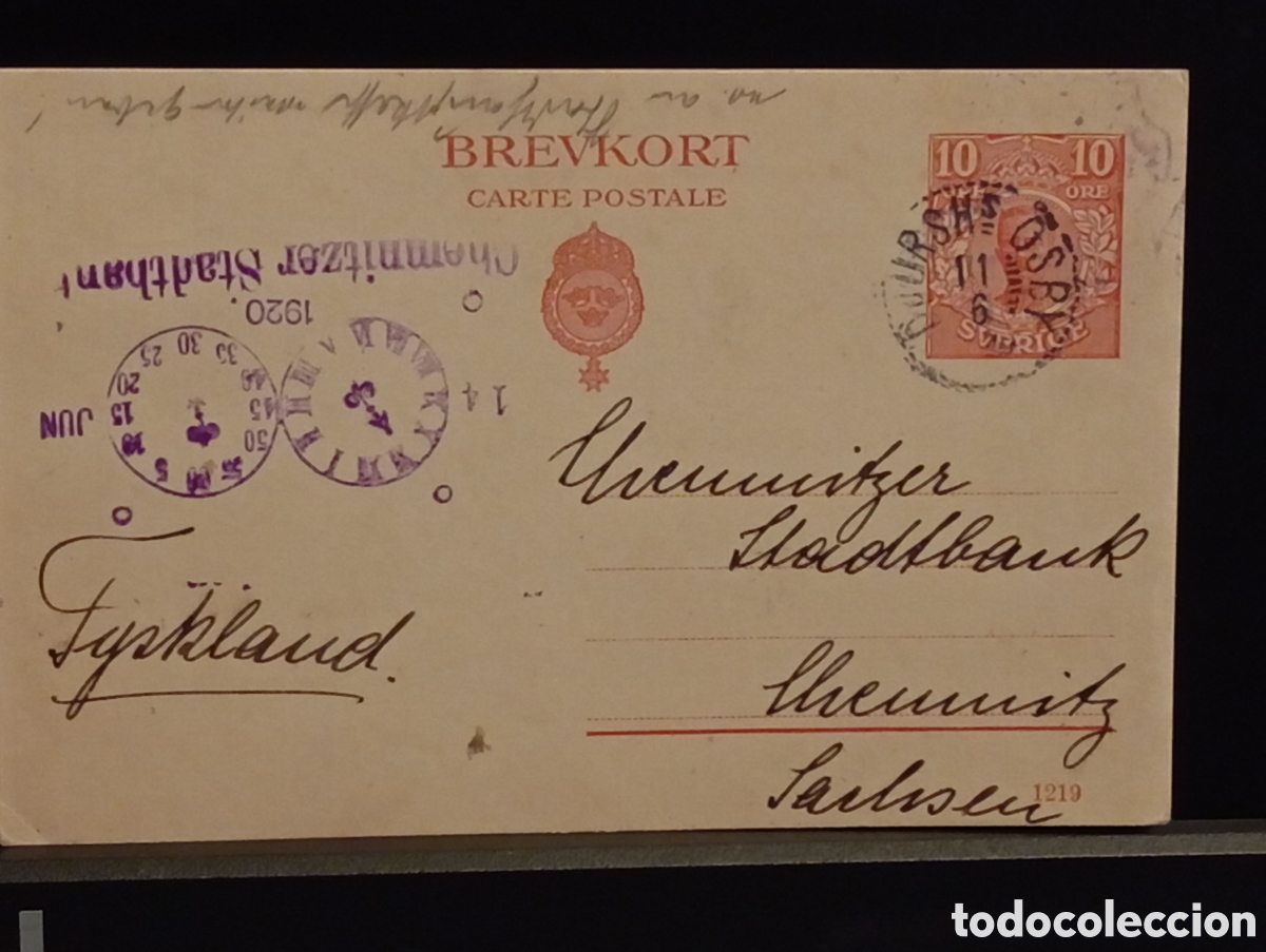 Sellos: &rdquo;Suecia 1920 Entero Postal Brevkort 10 &Ouml;re, a Chemnitzer Stadtbank&rdquo;