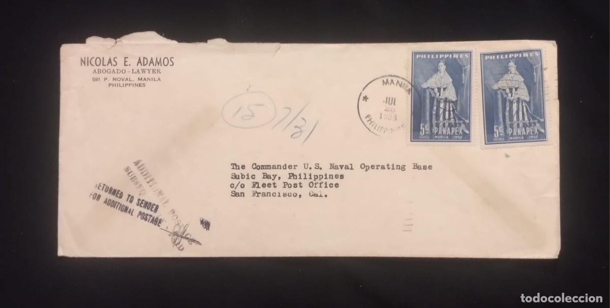 Sellos: TS) 1953 PHILIPPINES, COVER SENT TO A NAVAL BASE IN SAN FRANCISCO, USA, BUT RETURNED TO THE SENDER F