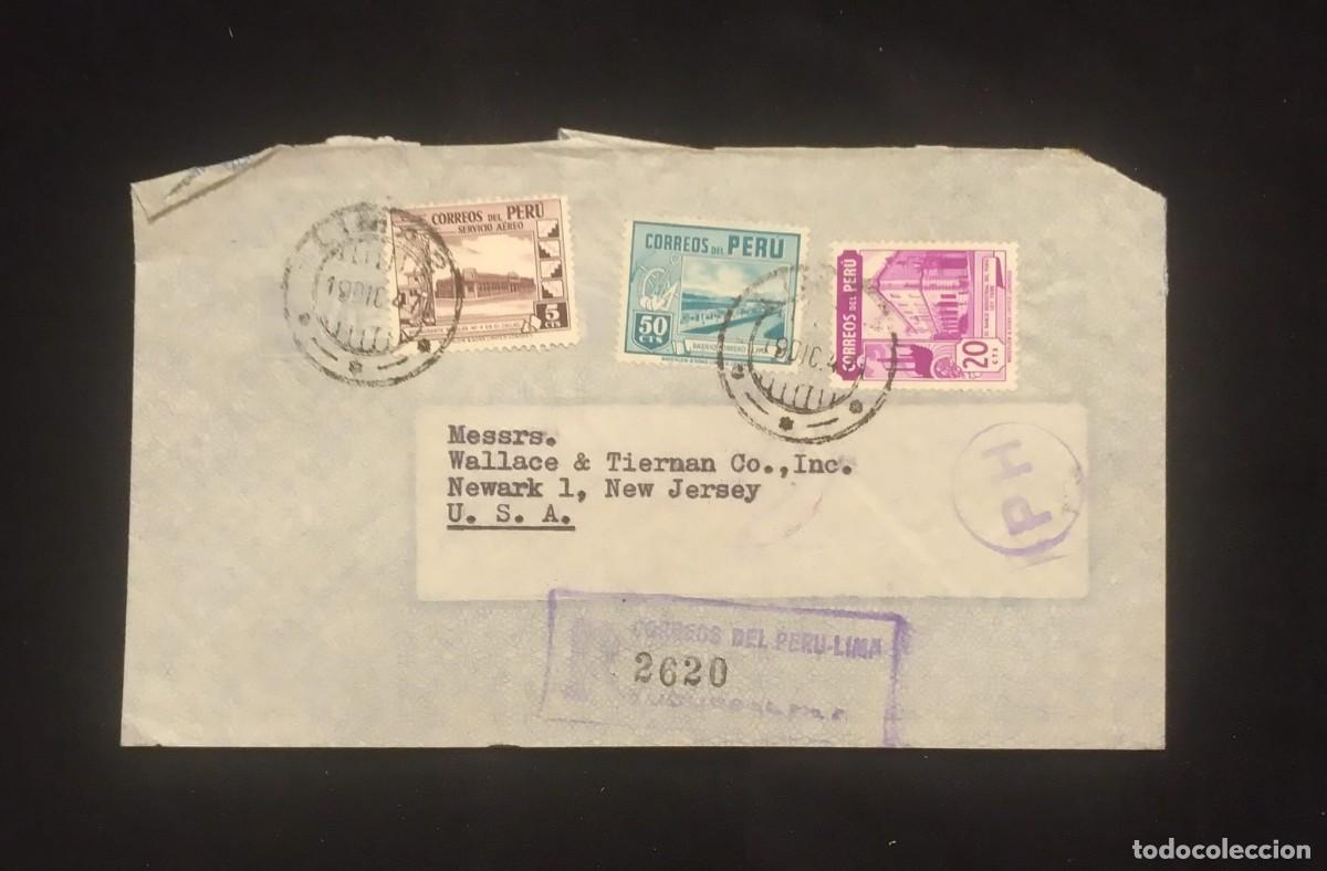 Sellos: TS) 1947 PERU,REGISTRATION NUMBER, COVER SENT FROM LIMA TO NEW JERSEY, USA, AIRMAIL, WITH THE NATION
