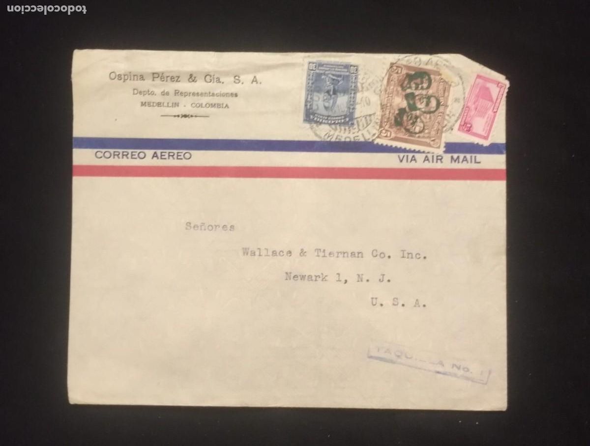 Sellos: TS) CIRCA 1950 COLOMBIA, COVER SENT FROM MEDELL&Iacute;N TO NEW JERSEY, USA,AIRMAIL, WITH THE PRE-COLUMBIAN