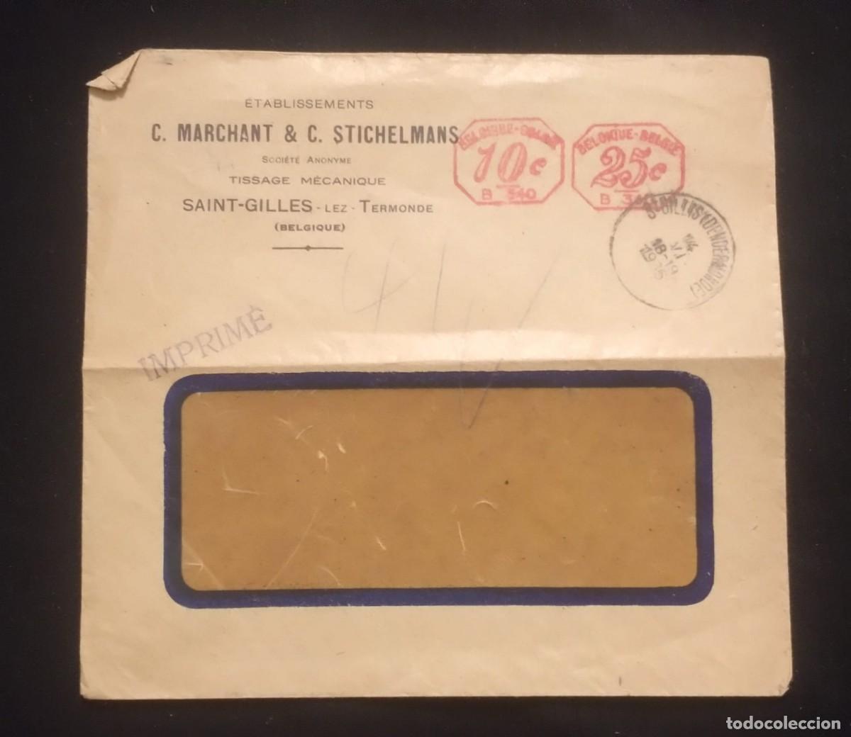Sellos: TS) 1935 BELGIUM, MECHANICAL POSTAGE, COVER SENT FROM THE TOWN OF SAINT-GILLES-LEZ-TERMONDE.