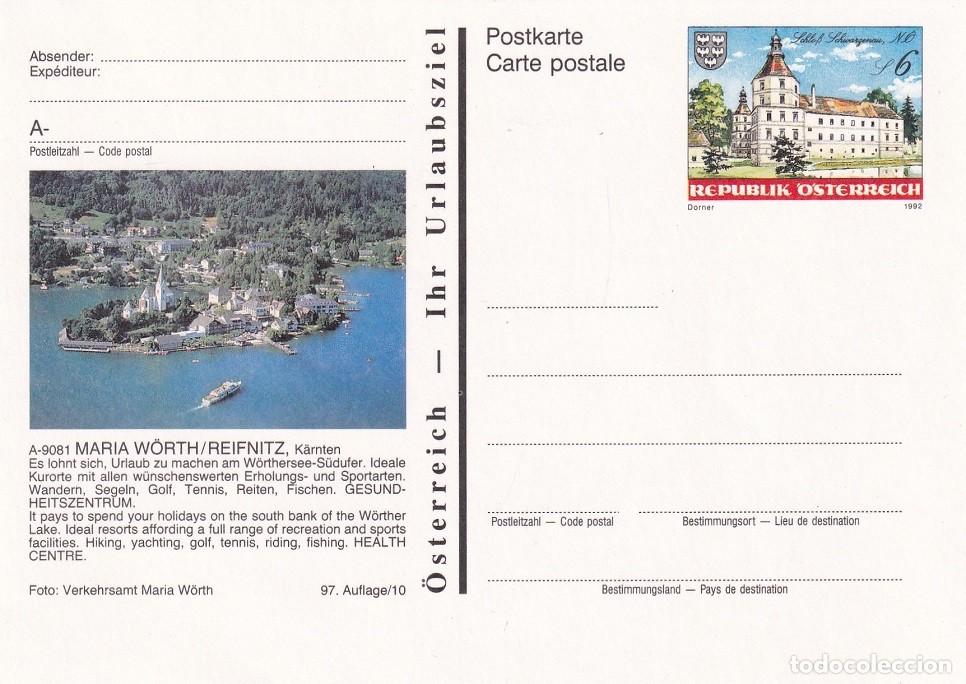 Selos: Entero postal tur&iacute;stico Austria 1992 - Castillo de Schwarzenau - Paisaje Maria W&ouml;rth y Reifnitz