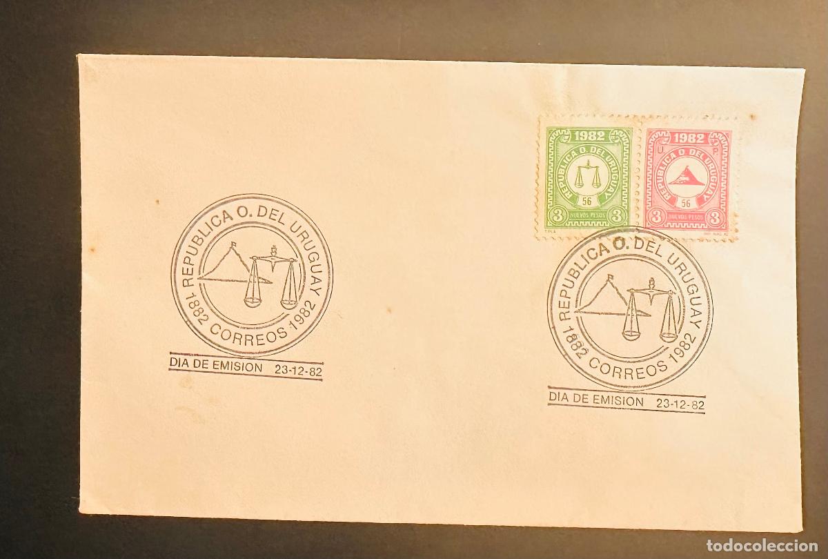 Selos: CMI) 1982. URUGUAY. TWO-STAMP COMPENDIUM FEATURING SCALES OF JUSTICE FROM 1882 CORREOS 1982 ISSUE IN