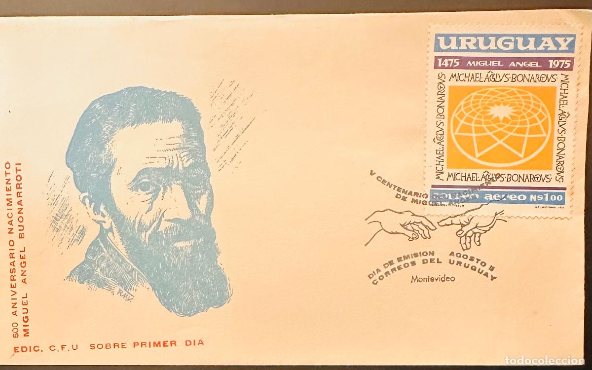 Selos: CMI) 1975. URUGUAY. TWO HANDS DESIGN IN YELLOW FRAME FROM V CENTENARIO DEL NACIMIENTO DE MIGUEL ANGE