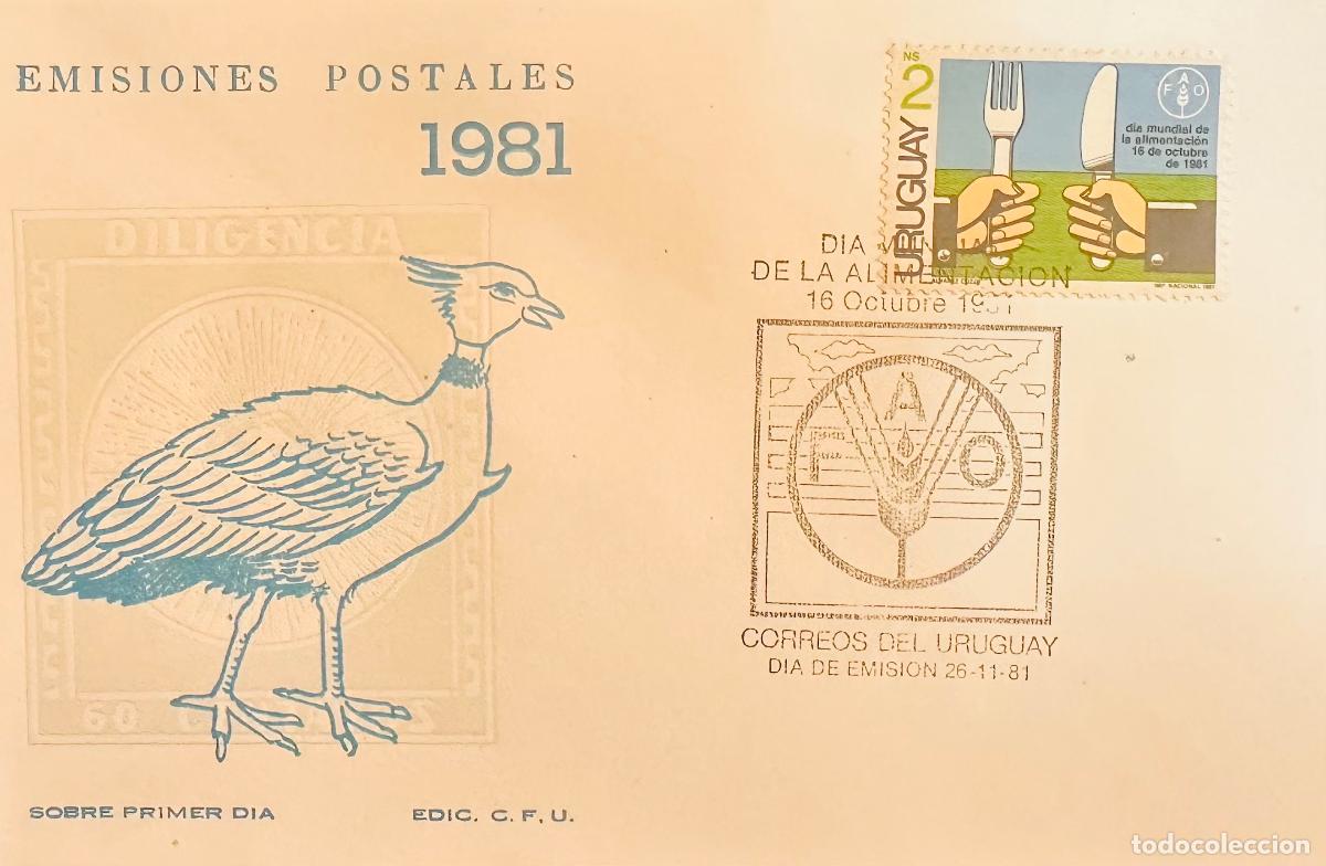 Sellos: CMI) 1981. URUGUAY. TWO HANDS HOLDING CUTLERY DESIGN IN THE FIELD FROM DIA MUNDIAL DE LA ALIMENTACI&Oacute;