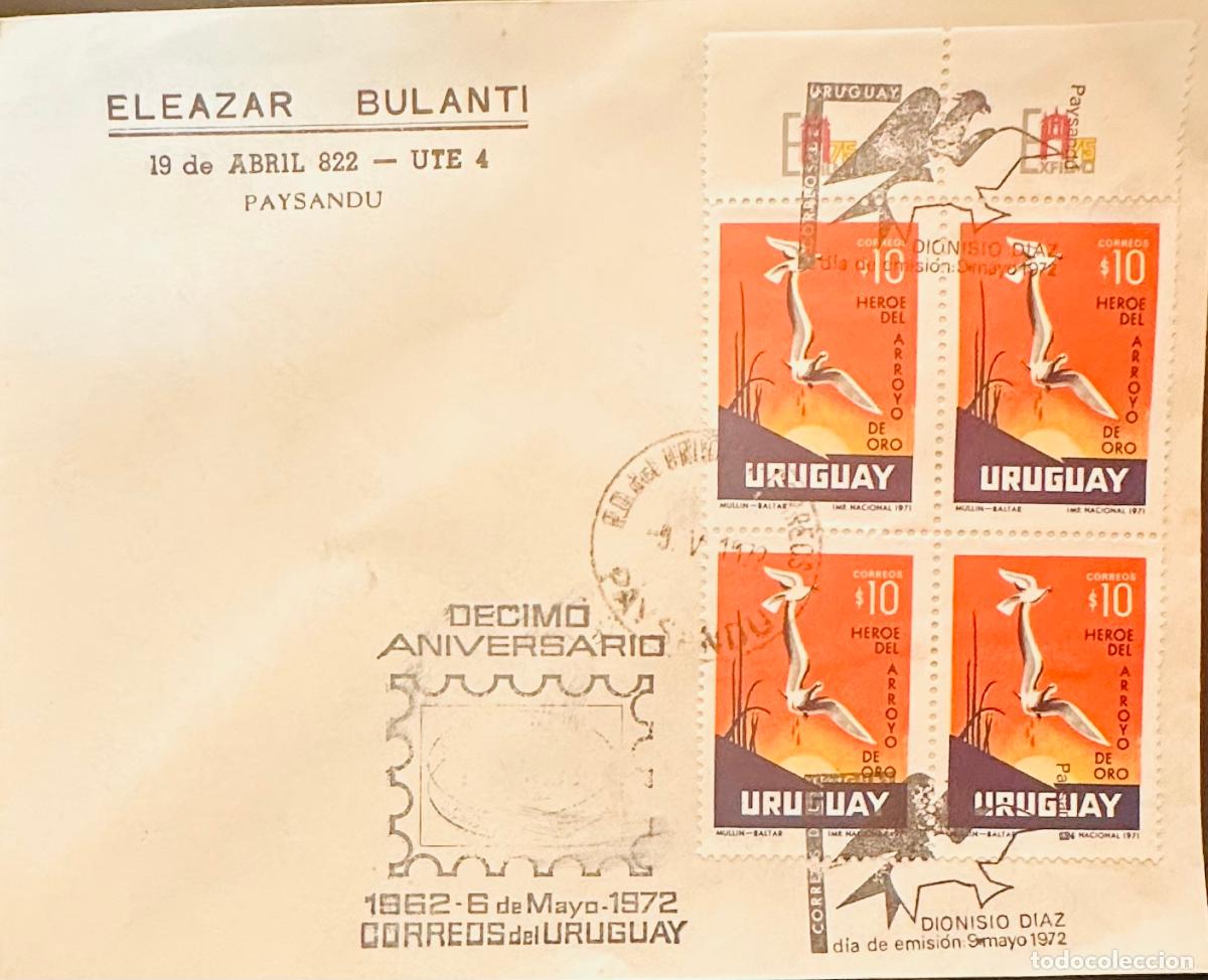 Stamps: CMI) 1972. URUGUAY. FOUR-STAMP BLOCK FROM DIONISIO D&Iacute;AZ H&Eacute;ROE DEL ARROYO DE ORO ISSUE FEATURING BIRD