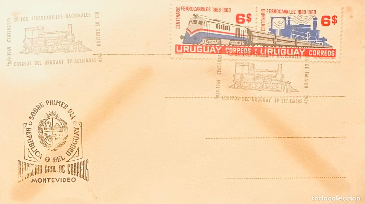 Sellos: CMI) 1969. URUGUAY. TWO-STAMP COMPENDIUM FEATURING LOCOMOTIVES AND GEARS ILLUSTRATIONS FROM CENTENAR