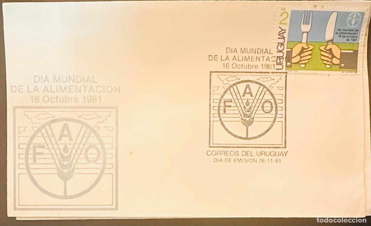 Sellos: CMI) 1981. URUGUAY. TWO HANDS HOLDING CUTLERY DESIGN IN THE FIELD FROM DIA MUNDIAL DE LA ALIMENTACI&Oacute;