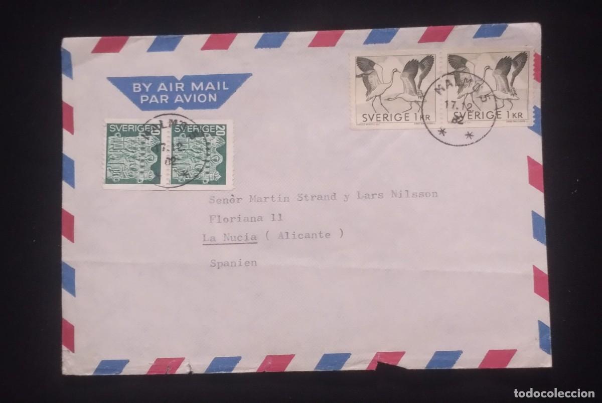 Sellos: TS) 1975 SWEDEN, AIRMAIL, COVER SENT FROM MALM TO ALICANTE,WITH THE PILGRIM BADGE AND THE CRANES,VF.