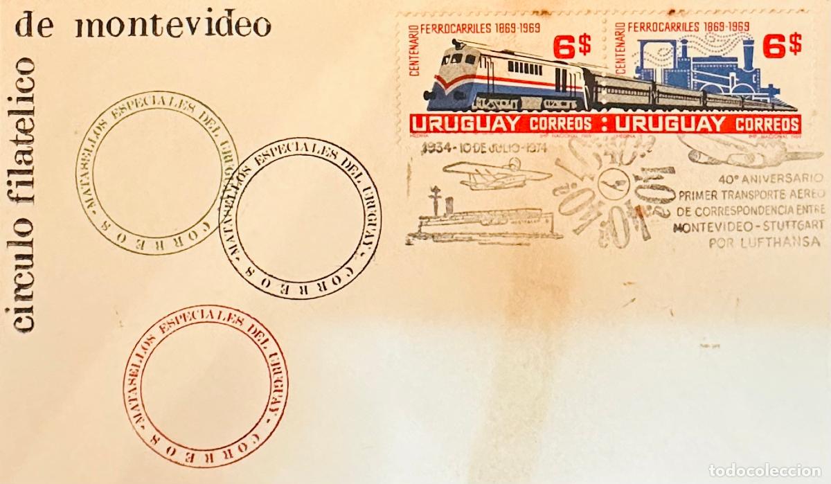 Sellos: CMI) 1974. URUGUAY. TWO-STAMP COMPENDIUM FEATURING LOCOMOTIVES ILLUSTRATIONS FROM CENTENARIO FERROCA