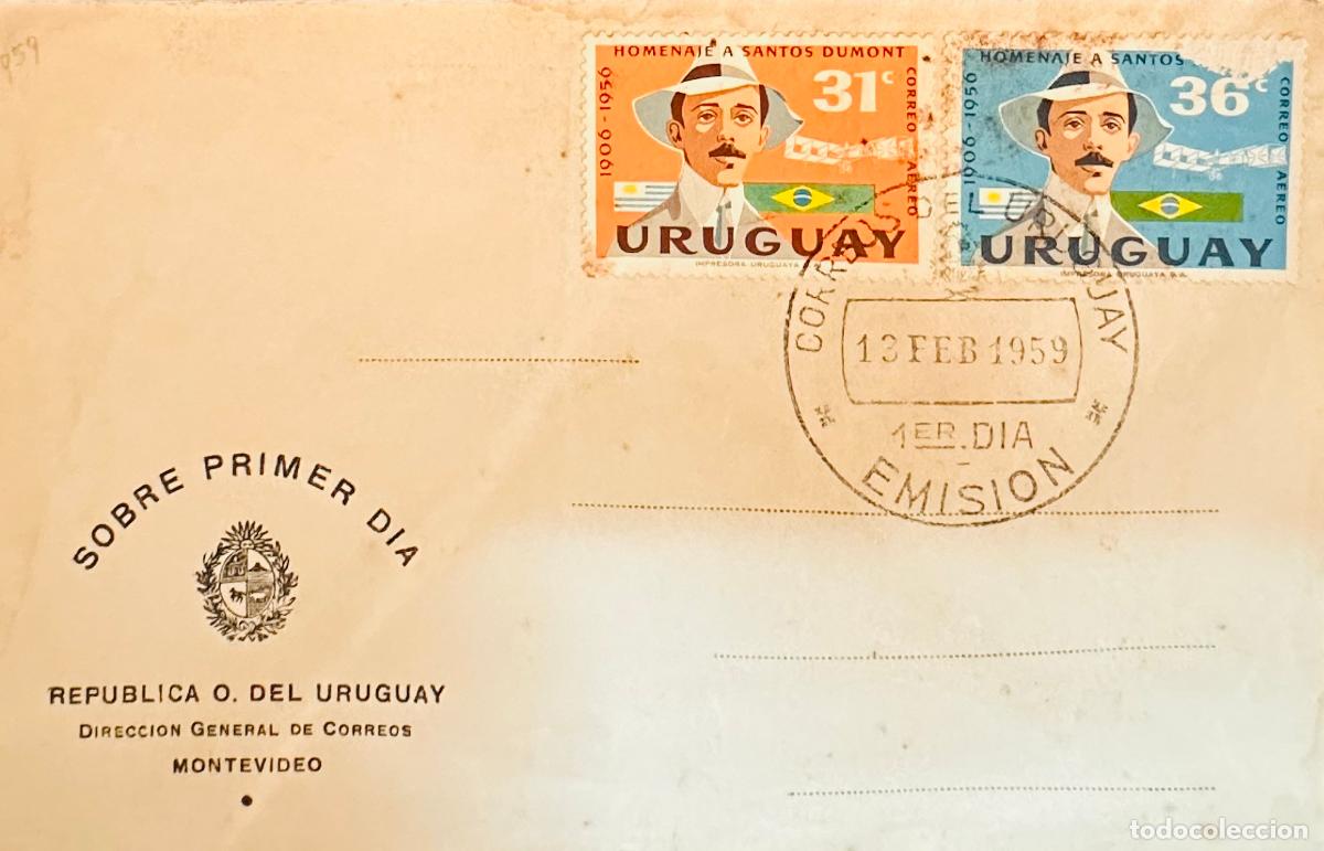 Sellos: CMI) 1959. URUGUAY. TWO-STAMP COMPENDIUM FEATURING ALBERTO SANTOS DUMONT PORTRAIT WITH SIDE TILT FRO