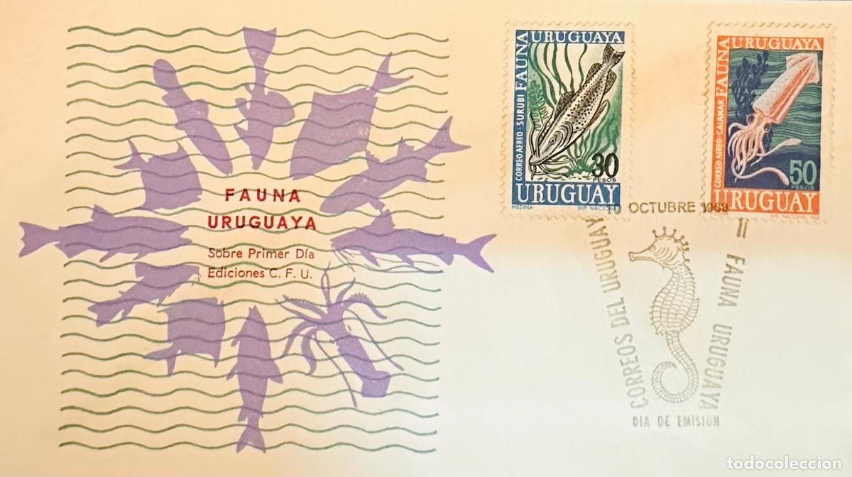 Sellos: CMI) 1968. URUGUAY. TWO-STAMP AIRMAIL COMPENDIUM FEATURING SURUB&Iacute; FISH AND SQUID MARINE FAUNA ILLUST