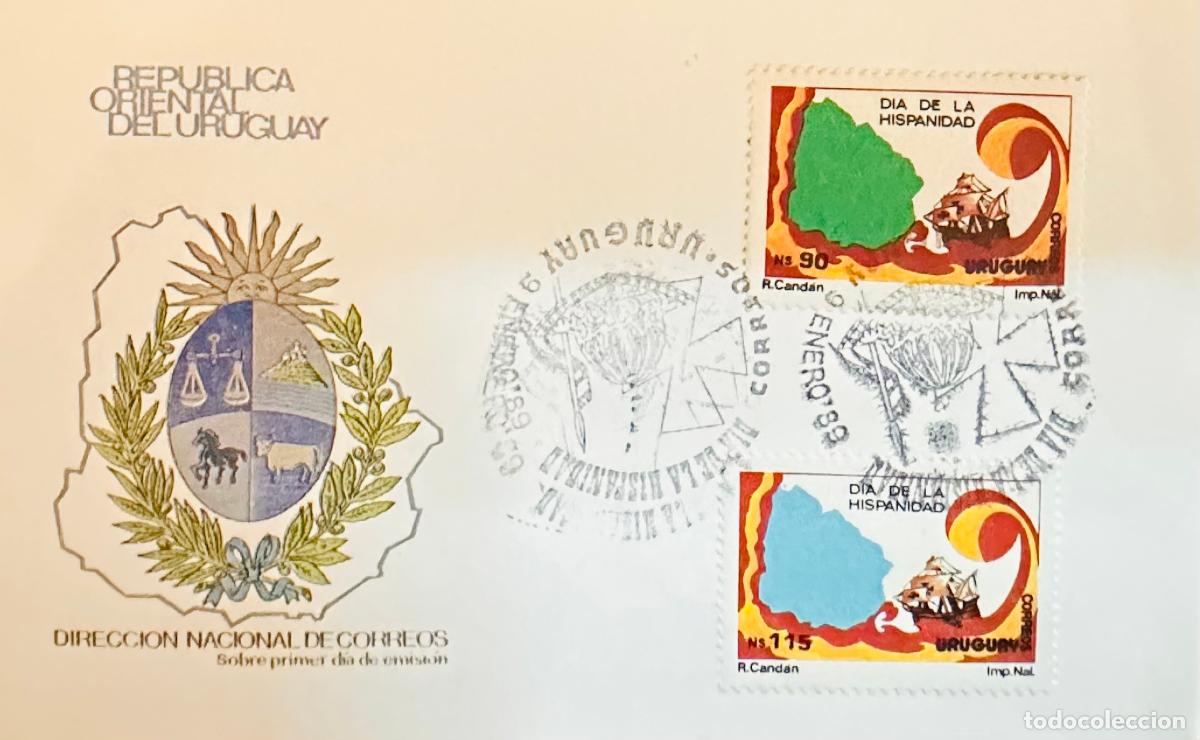 Sellos: CMI) 1989. URUGUAY. TWO STAMPS DIA DE LA HISPANIDAD. COVER WITH PRINTED MAP DESIGN. FDC. DOMESTIC MA