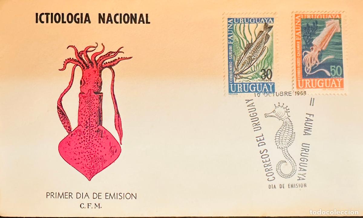 Sellos: CMI) 1968. URUGUAY. TWO STAMPS ICHTHYOLOGY FAUNA. COVER WITH SQUID ENGRAVING. FDC. DOMESTIC MAIL. XF
