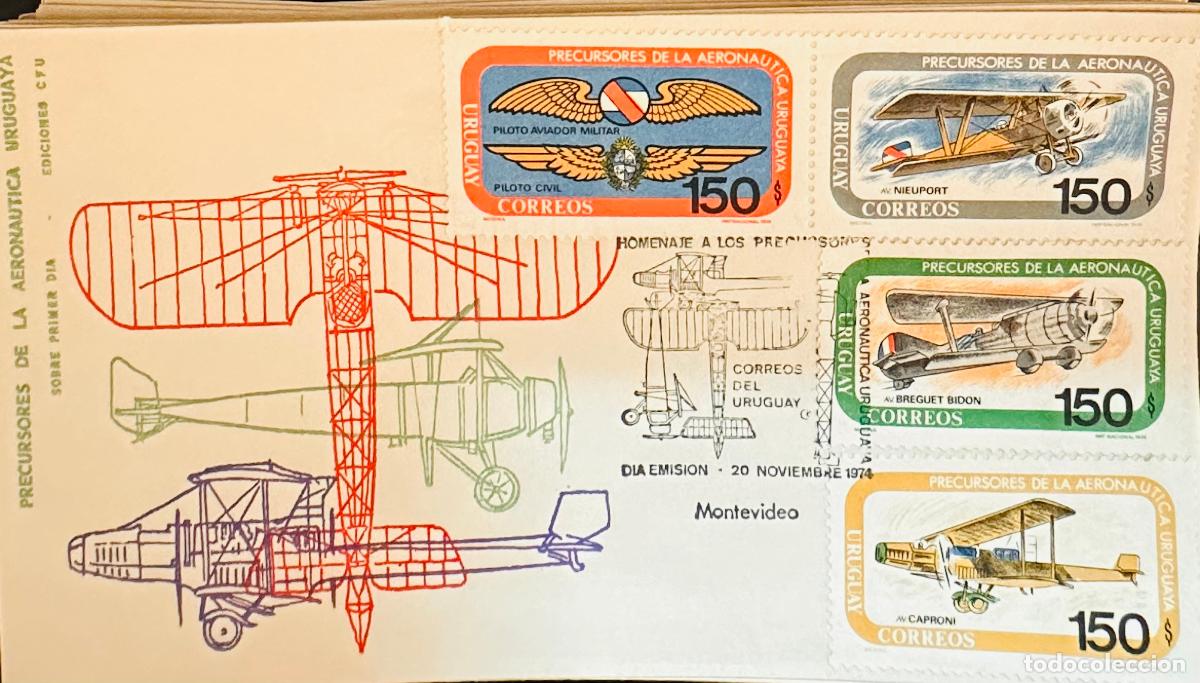 Sellos: CMI) 1974. URUGUAY. FOUR STAMPS AERONAUTICS. COVER WITH AIRPLANES SKETCH DESIGN. FDC. DOMESTIC MAIL.