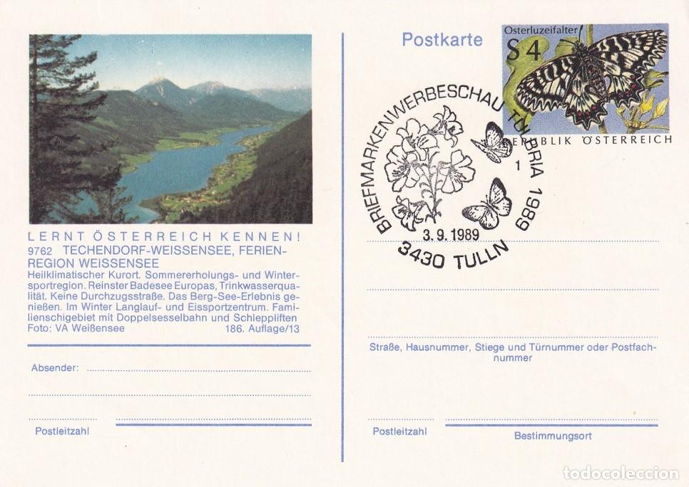 Sellos: Entero postal Austria 1989 - Mariposa - Matasellos Exposici&oacute;n Tullria Wei&szlig;ensee - &iexcl;Conozca Austria!
