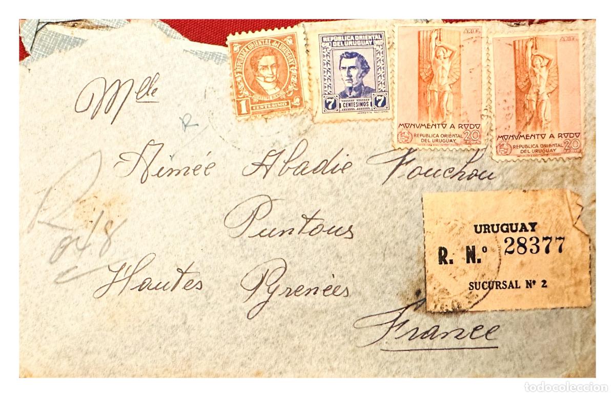 Sellos: CMI) 1937. URUGUAY. PORTRAITS OF SUAREZ AND RODO MONUMENT. SHIPPED TO FRANCE. XF