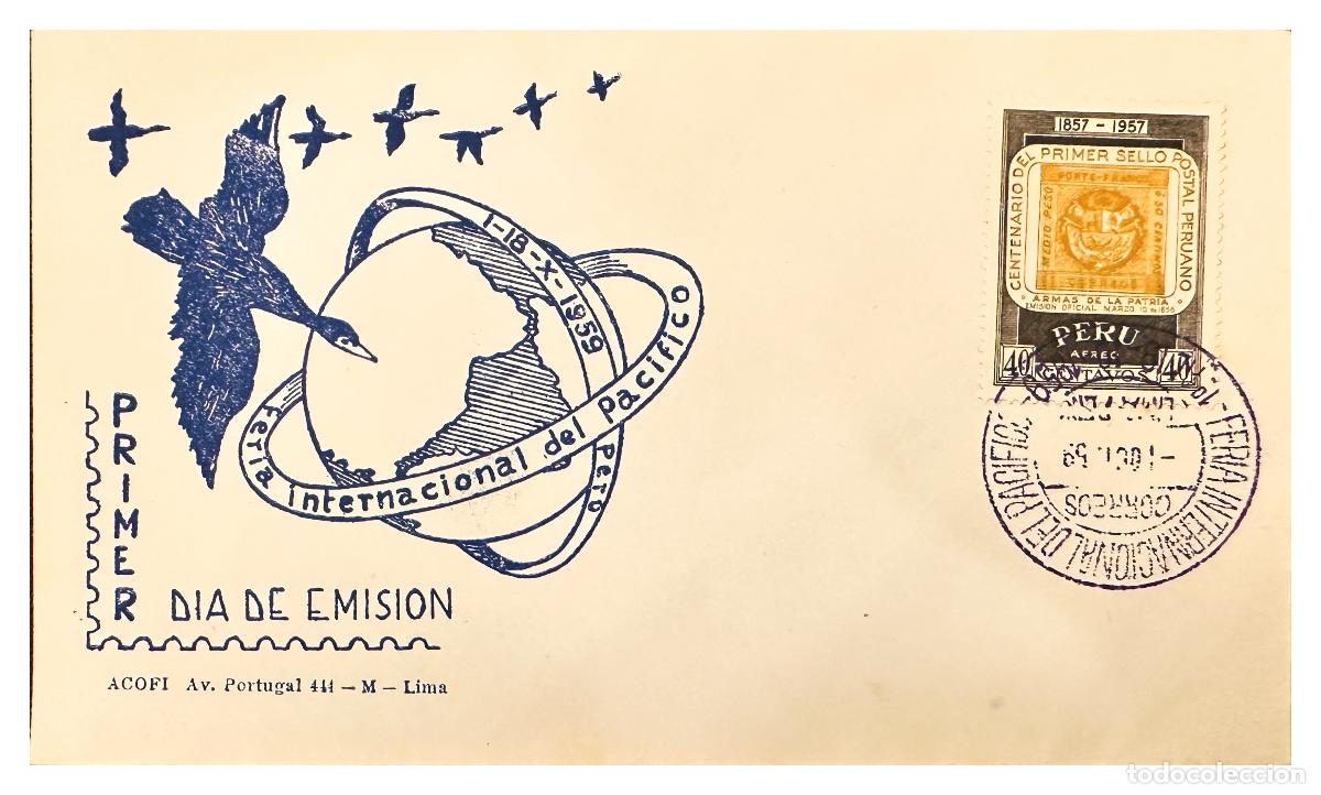Timbres: CMI) 1959. PERU. FDC. FIRST PERUVIAN POSTAL STAMP AND COAT OF ARMS TO URUGUAY XF