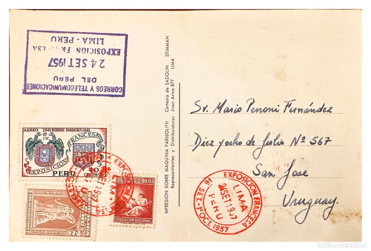Timbres: CMI) 1957. PERU. POSTCARD. BACK SIDE OF FRENCH EXHIBITION LIMA TO URUGUAY XF