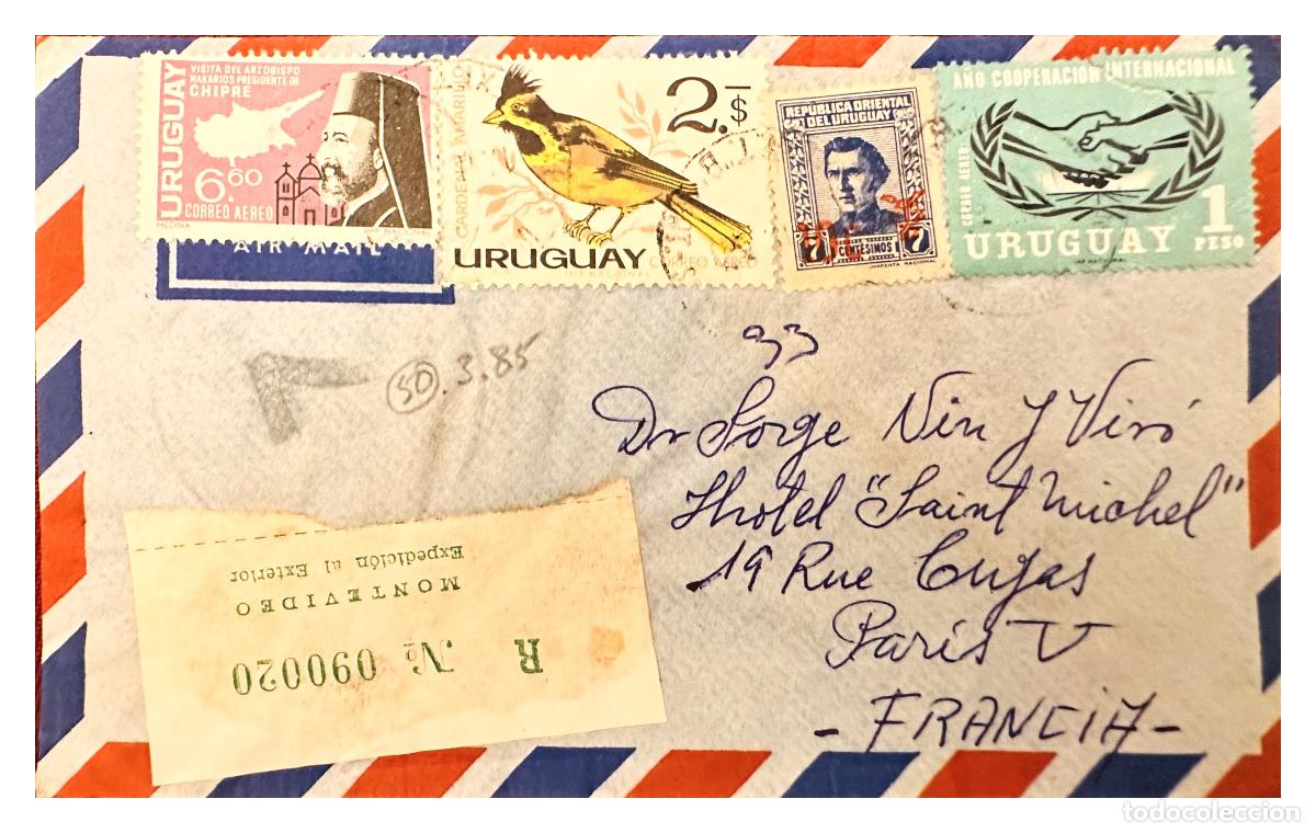 Timbres: CMI) 1965 URUGUAY ARCHBISHOP MAKARIOS AMARILLO CARDENAL AND ARTIGAS TO FRANCE XF
