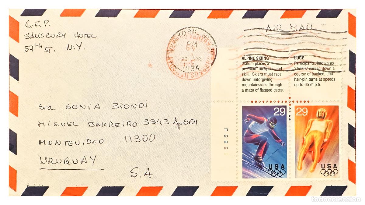 Timbres: CMI) 1994. USA. ALPINE SKIING AND LUGE ATHLETES. SHIPPED TO URUGUAY. XF