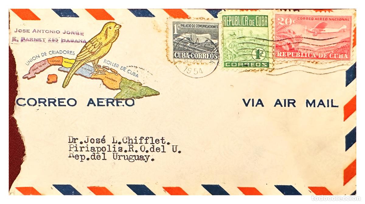 Timbres: CMI) 1954. CUBA. PALACIO DE COMUNICACIONES AND PLANE IN FLIGHT TO URUGUAY XF