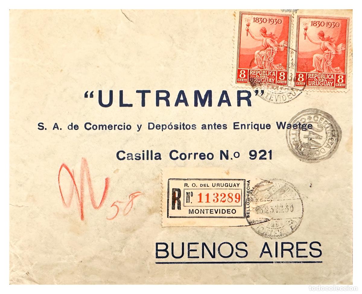 Stamps: CMI) 1930. URUGUAY. DOUBLE ALLEGORICAL FIGURE WITH TORCH IN RED TO ARGENTINA XF