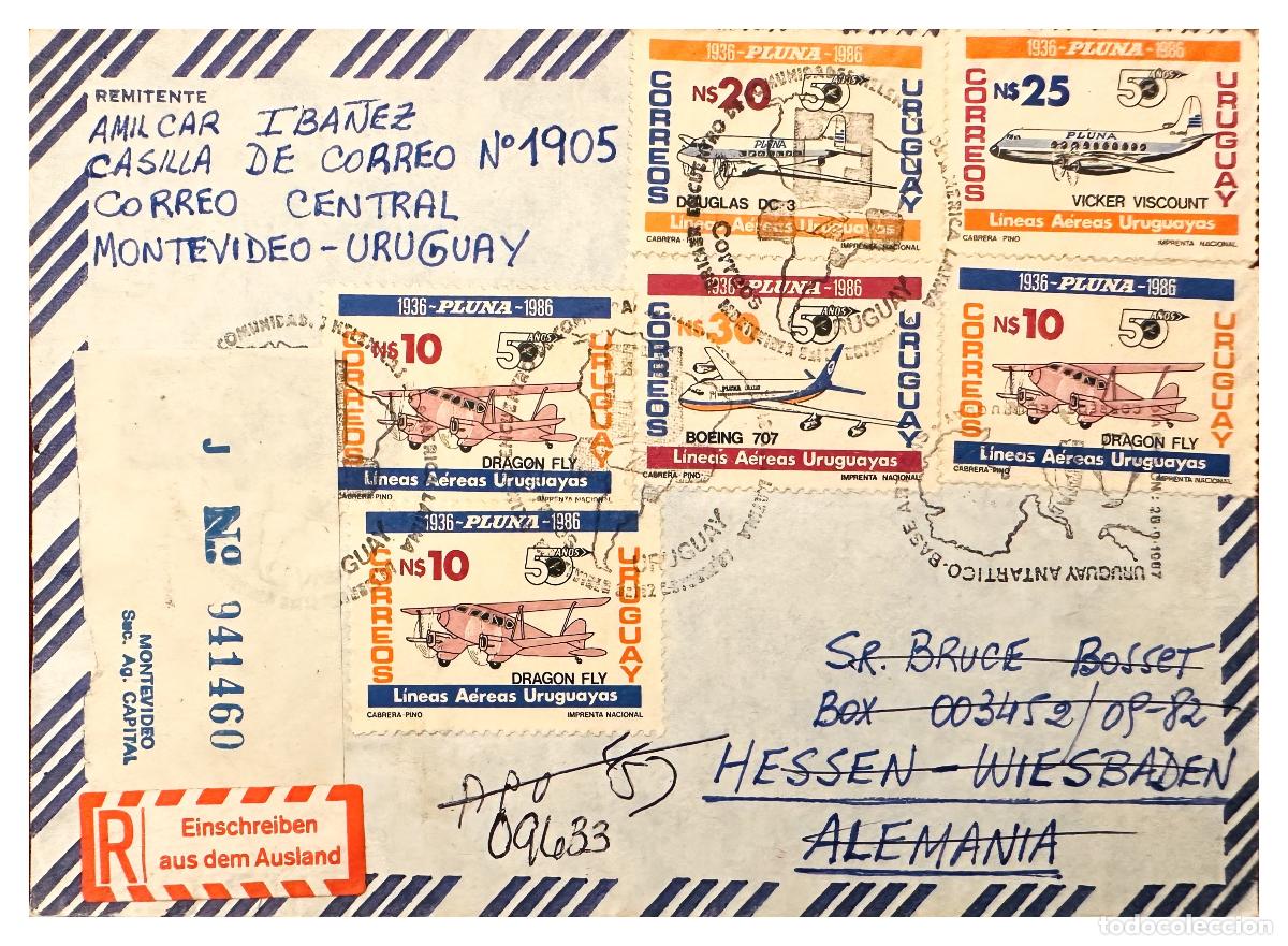 Stamps: CMI) 1986. URUGUAY. PLUNA AIRPLANES DRAGON FLY AND BOEING ISSUE TO GERMANY XF