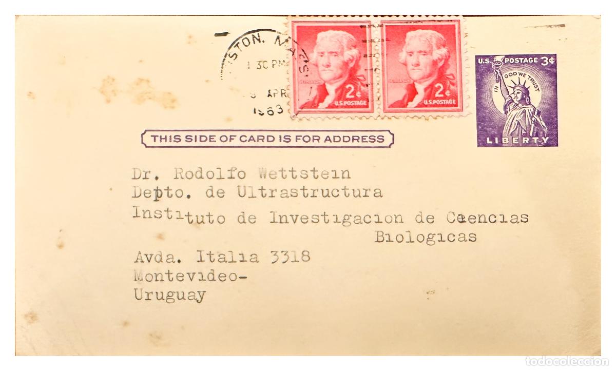 Sellos: CMI) 1963. USA. POSTCARD. THOMAS JEFFERSON PORTRAIT IN RED TO URUGUAY XF
