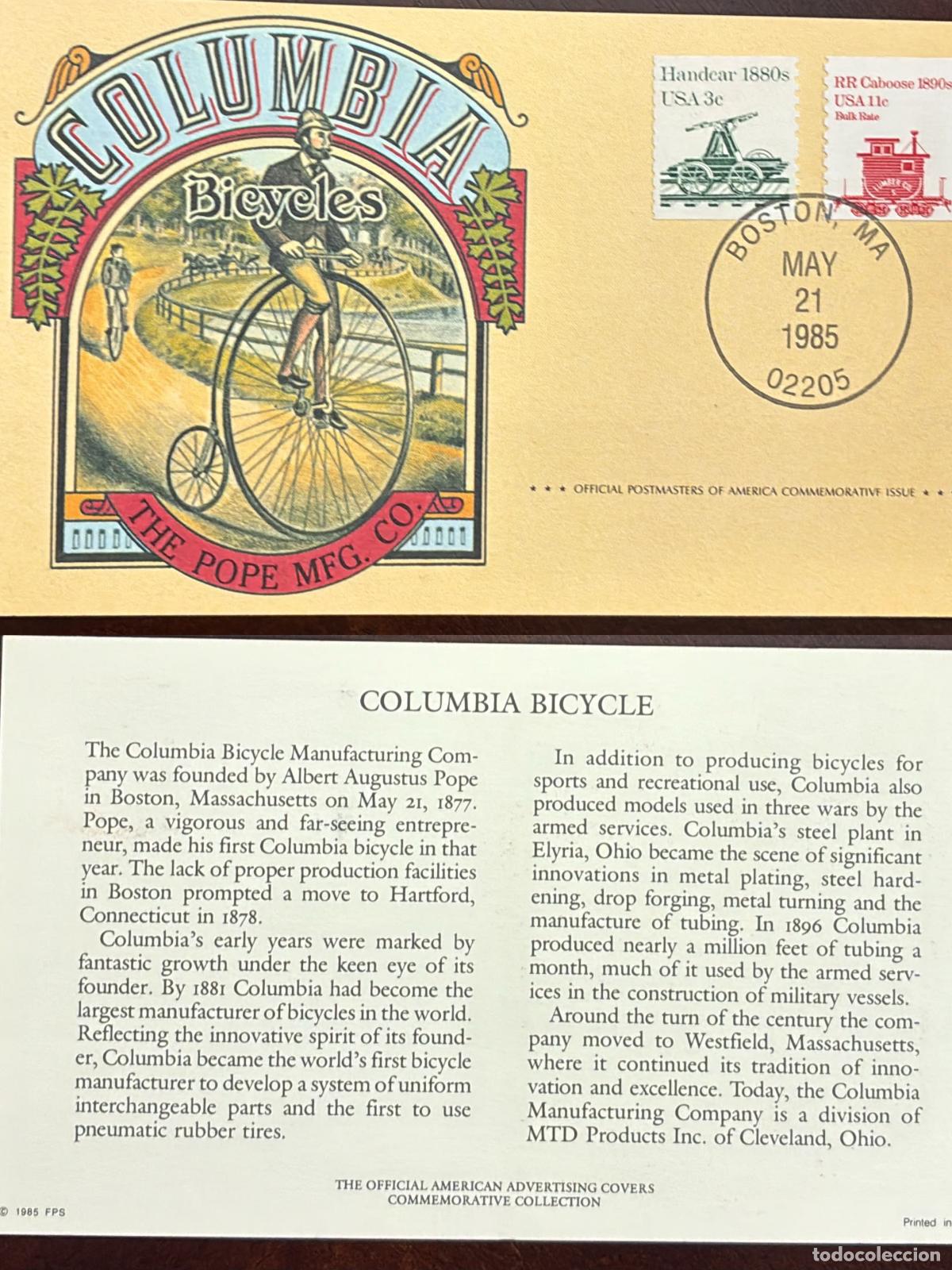 Sellos: CMI) 1985 USA FDC COLUMBIA BICYCLE DRAWING ON RAILS AND CABOOSE SCENE FYV XF