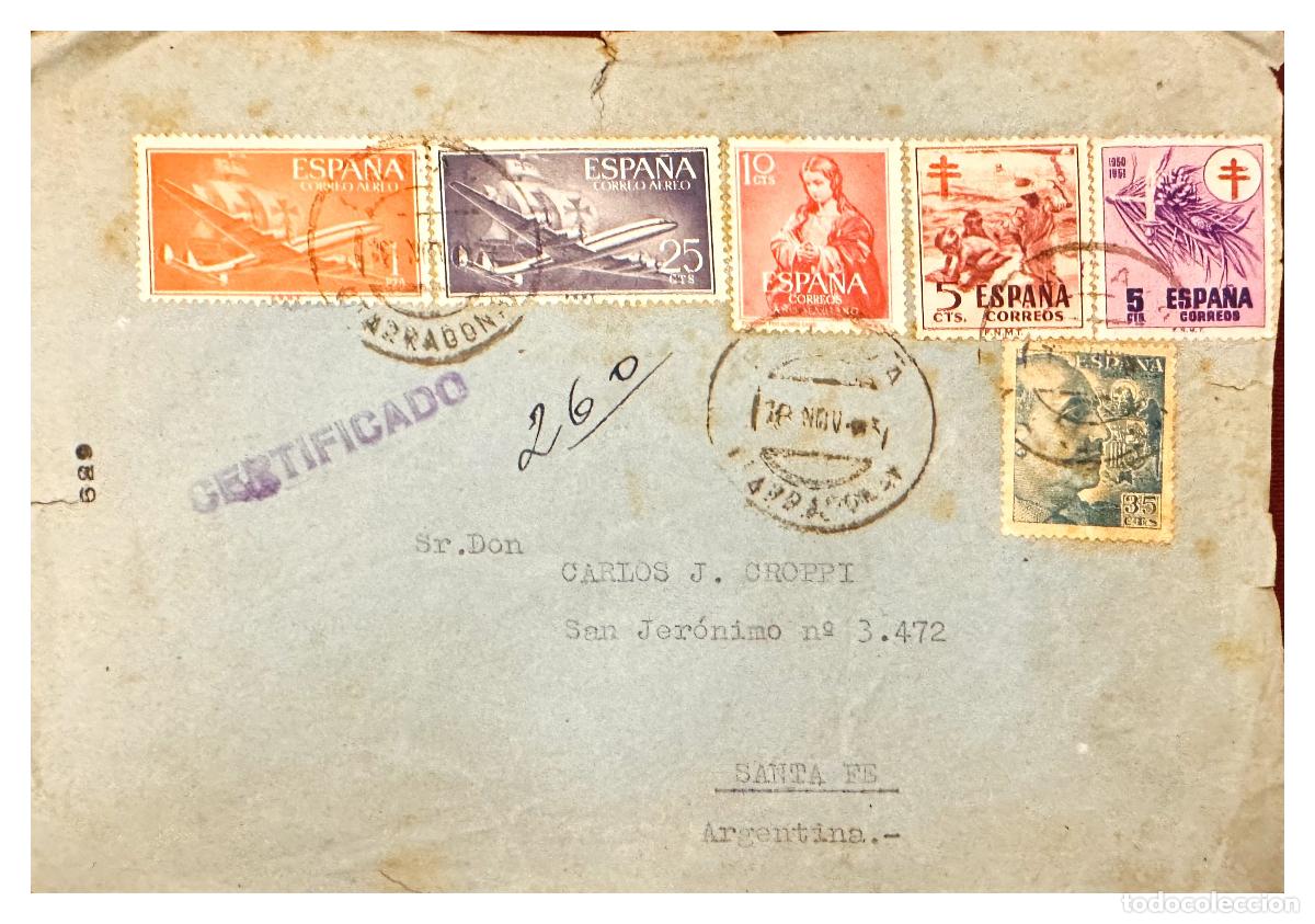 Sellos: CMI) 1951. SPAIN. RELIGIOUS FIGURE AND AIR MAIL PLANE SHIPPED TO ARGENTINA XF